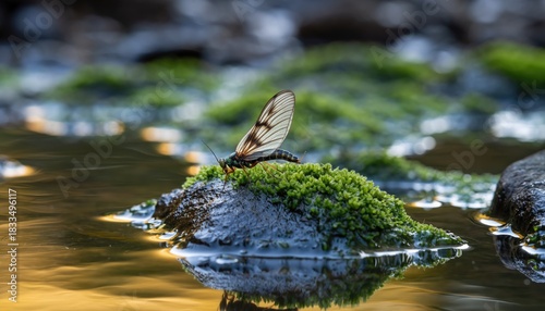 Butterfly resting on a mossy rock in a tranquil stream.