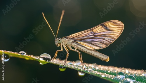 Caddisfly resting on a dewy leaf.