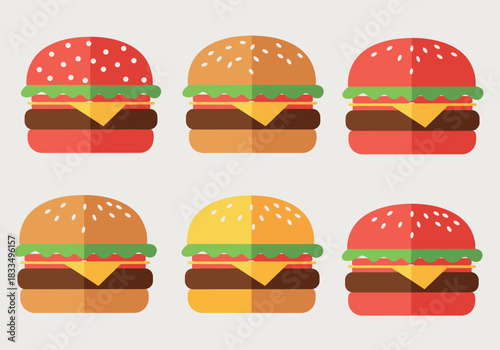 Set of six colorful flat design vector illustrations of classic cheeseburgers with various bun and topping color combinations, representing fast food, restaurant menu, and casual dining concepts.