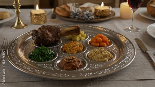 Seder plate with roasted shank bone various foods and lit candles on a table