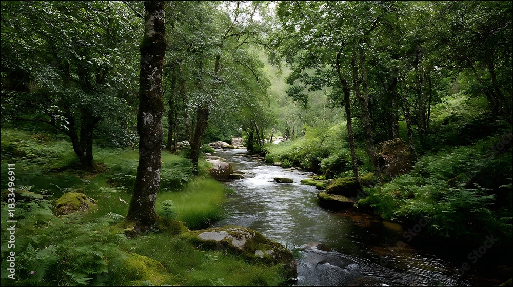 Fototapeta premium Serene Green Forest with Flowing Stream Surrounded by Trees and Rocks