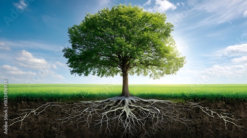 Healthy Green Tree with Visible Roots in Open Field Under Bright Blue Sky