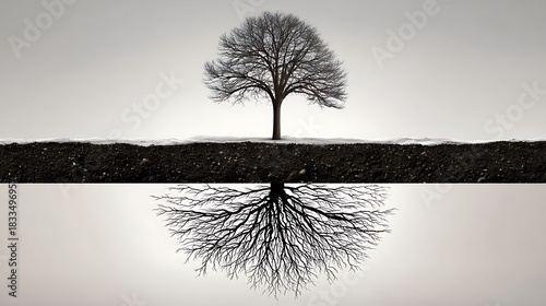 Minimalist Leafless Tree Standing in Snow with Reflection in Water