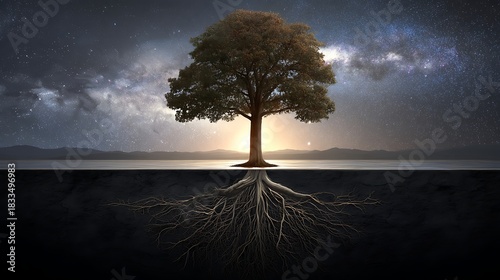 Solitary Tree Growing with Visible Roots Under Night Sky with Stars and Milky Way