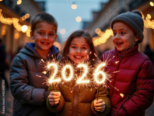 Happy children celebrating New Year 2026 outdoors, holding glowing sparklers forming the numbers. Festive mood with beautiful bokeh lights.