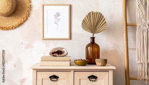 Stylish boho interior of living room with brown mock up poster frame, elegant accessories, flowers in vase, wooden shelf and hanging rattan hut. Minimalistic concept of home decor. Template