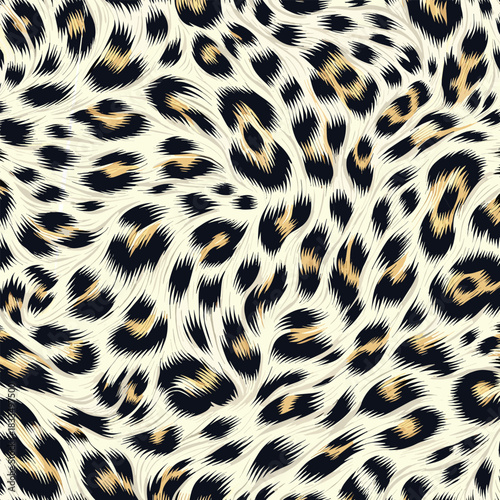 Detailed illustration of a seamless leopard animal skin pattern, showcasing a realistic and flowing fur texture for fashion and design
