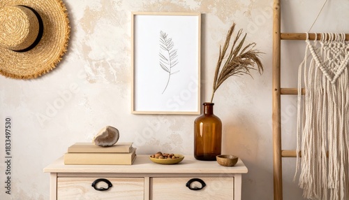 Stylish boho interior of living room with brown mock up poster frame, elegant accessories, flowers in vase, wooden shelf and hanging rattan hut. Minimalistic concept of home decor. Template