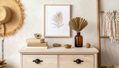 Stylish boho interior of living room with brown mock up poster frame, elegant accessories, flowers in vase, wooden shelf and hanging rattan hut. Minimalistic concept of home decor. Template