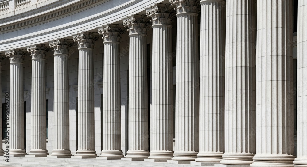 Fototapeta premium Panoramic view of classical stone columns arranged in a curved row showing architectural details, stability and law concept