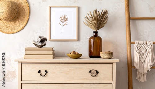 Stylish boho interior of living room with brown mock up poster frame, elegant accessories, flowers in vase, wooden shelf and hanging rattan hut. Minimalistic concept of home decor. Template