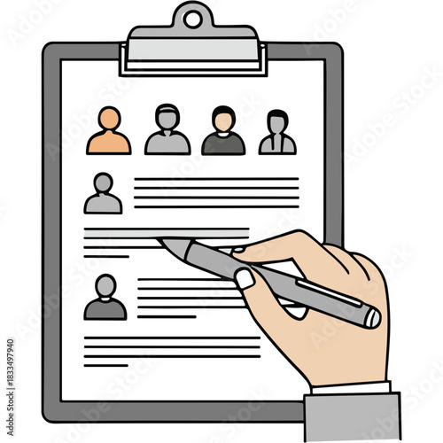 Hand holding pen reviewing candidate profiles on a clipboard with applicant information during human resources hiring process document review in a simple clean illustration style