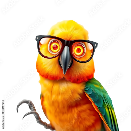 Whimsical parrot with glasses, a charming pet character with vibrant plumage and intellectual flair, perfect for educational materials and playful designs. Originally a vector graphic.