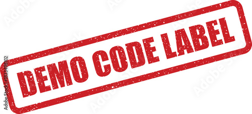 Grungy red rubber stamp featuring DEMO CODE LABEL inside a rectangular frame, creating a textured impression