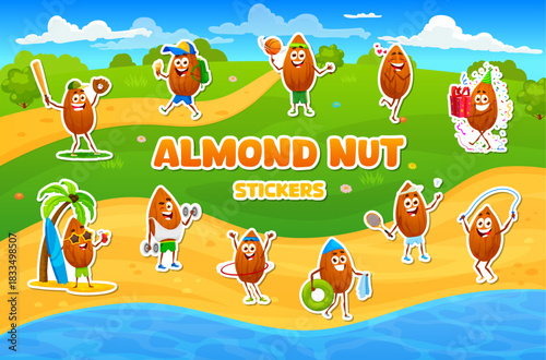 Cartoon almond characters stickers pack. Vector set of patches with nuts showing fun summer healthy lifestyle and sport activities like surfing, weightlifting, tennis, jumping rope, and hula hooping