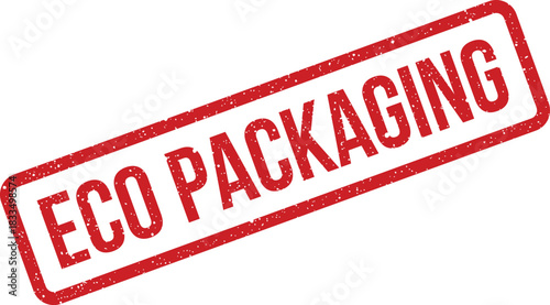 Grungy textured rubber stamp with ECO PACKAGING text promoting sustainable environmental practices