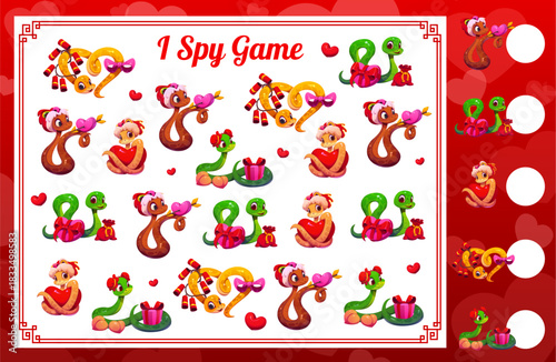 I spy game worksheet with cute snakes and hearts, vector puzzle quiz for kids. I spy game to find same picture of cartoon funny snake characters with love gifts, ribbons and Chinese holiday petards