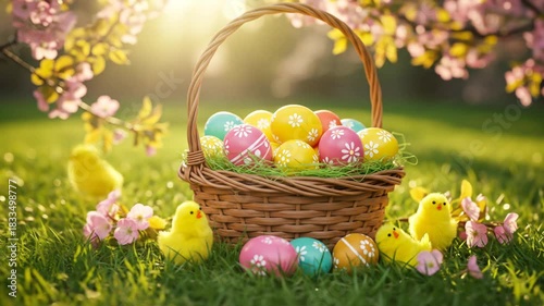 Wicker basket full of decorated Easter eggs sits in bright green grass