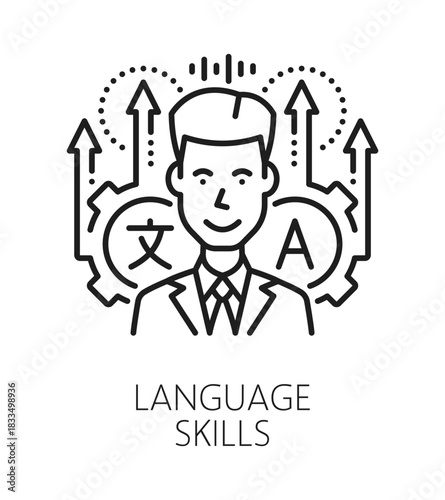 Foreign language life skills line icon or pictogram. Personal quality lineart vector pictogram, human potential outline symbol. Foreign language person life skill sign or icon with man character