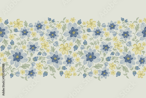 Blue floral pattern vintage ethnic modern tapestry embroidery texture boho design vector illustration hand drawn silhouette indigo flower motif branches leaves wallpaper seamless background border.