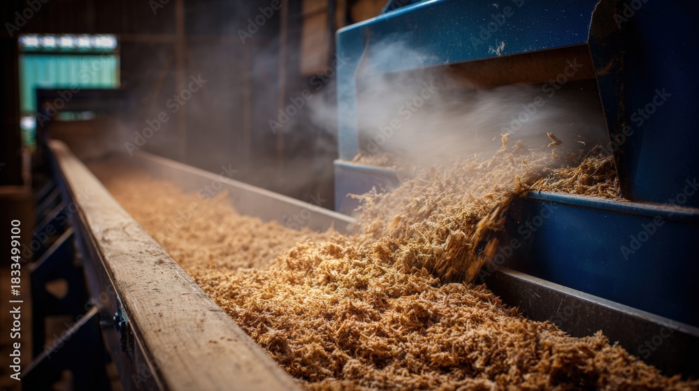 Fototapeta premium Closeup of poultry manure conveyor feeding bioenergy system designed to recycle chicken farm waste into sustainable electricity onsite.