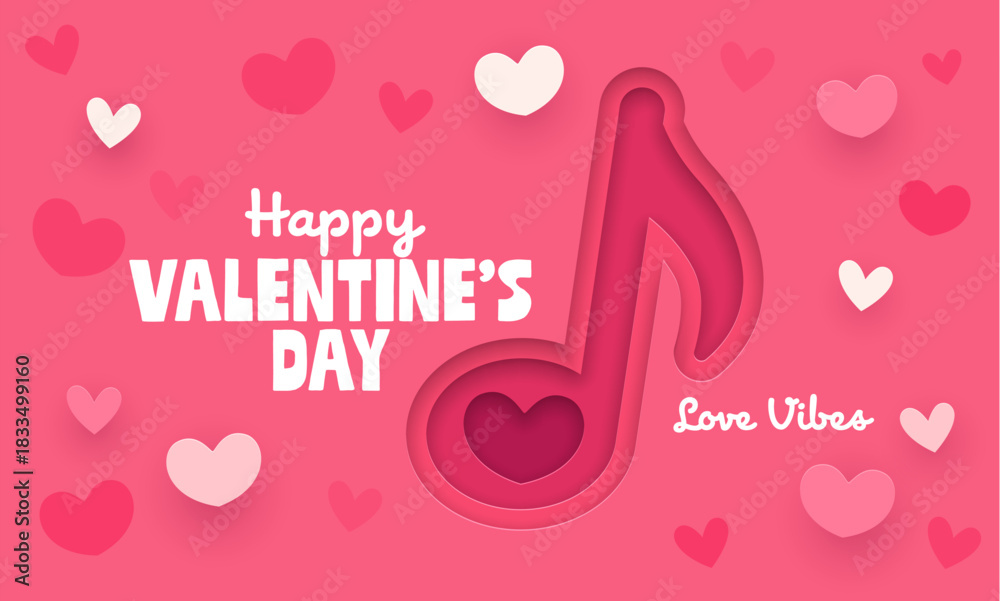 Naklejka premium Paper cut music notes and hearts on Valentine day banner for love holiday, vector greeting card. Happy Valentine day and Love Vibes quote with paper cut hearts in red music notes on pink background