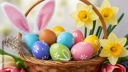 Woven basket filled with colorful Easter eggs bunny ears feathers and daffodils