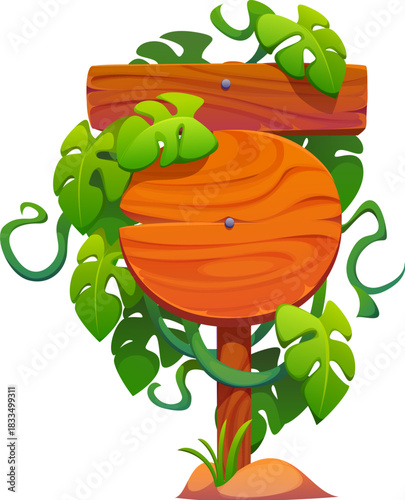 Wooden sign board in jungle lianas or signboard decorated with tropical leaves, cartoon vector. Wooden sign board pole with blank wood planks on nails in jungle liana leaves or rainforest ivy branches