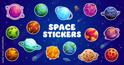 Stickers of fantasy alien galaxy and space planets of Earth and Saturn, cartoon vector. Space planets stickers with galactic surface of sun lava or asteroid craters in extraterrestrial cosmic UFO