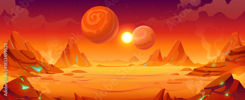 Space red planet landscape with mountain rocks and volcano lava, cartoon vector background. Alien galaxy red planet landscape with cosmic fantasy desert and stars in sky for Mars valley scenery