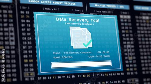 Data recovery process screen on cloud storage server, database protection backup for restore secure file sharing network, cyber security software technology illustration, retro computer monitor UI
