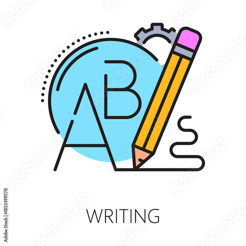 Kids writing cognitive ability color line icon or pictogram. Writing cognitive ability development line vector sign, memory and attention mental capability improvement icon with pencil and ABC letters
