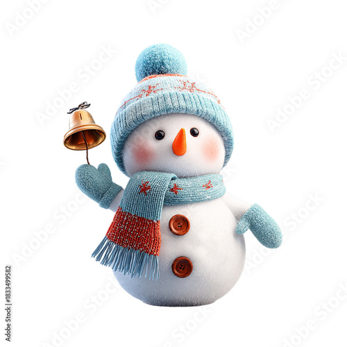 Festive snowman ringing a golden bell, spreading holiday cheer and winter joy, perfect for seasonal greetings, cards, and heartwarming designs, originally a vector graphic