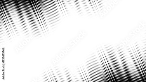 Gradient dot pattern background with abstract half tone texture, vector monochrome gradation. Halftone gradient of dots pattern in wave shape with diagonal wavy or wavy particles gradation on corners