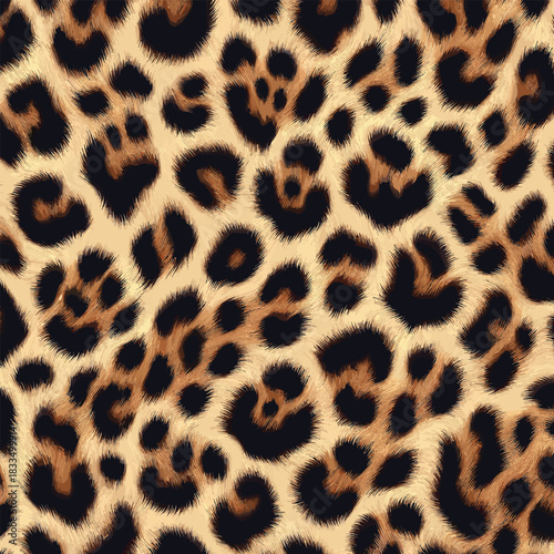 Seamless background of a wild leopard animal skin print, showing a detailed and realistic soft fur texture for design