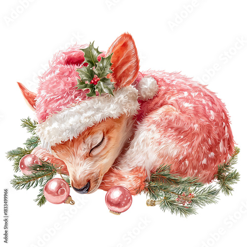 Adorable sleeping fawn wearing a festive Santa hat, a heartwarming holiday scene, perfect for Christmas cards, seasonal greetings, and winter promotions