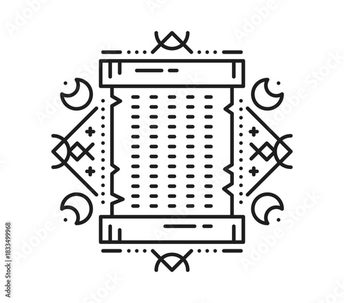 Egyptian ancient manuscript paper esoteric line tattoo. Ancient history sacred outline vector tattoo, egyptian mythology esoteric linear print. Egypt culture tarot symbol with papyrus book scroll