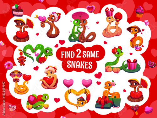 Find two same valentine snakes. Kids game worksheet with cartoon reptile characters. Vector educational children riddle, leisure activity with adorable colorful snakes in love with hearts and gifts