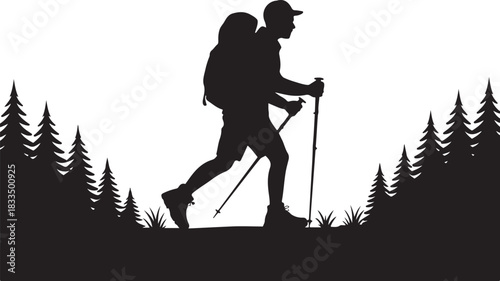A bold black silhouette of a hiker climbing a mountain, featuring a backpacker in an adventurous pose against a rugged peak.
