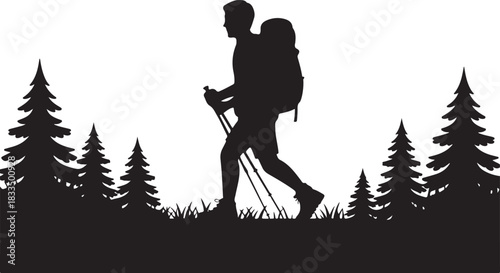 A bold black silhouette of a hiker climbing a mountain, featuring a backpacker in an adventurous pose against a rugged peak.