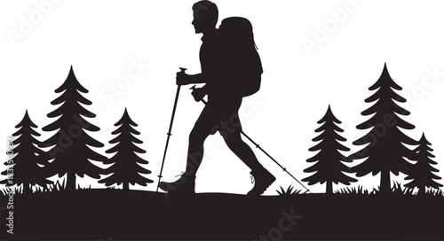 A bold black silhouette of a hiker climbing a mountain, featuring a backpacker in an adventurous pose against a rugged peak.