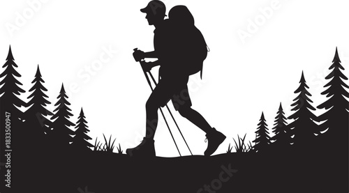 A bold black silhouette of a hiker climbing a mountain, featuring a backpacker in an adventurous pose against a rugged peak.