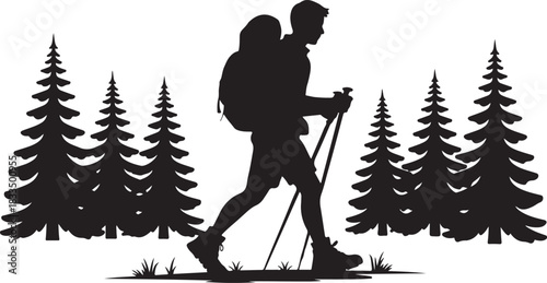 A bold black silhouette of a hiker climbing a mountain, featuring a backpacker in an adventurous pose against a rugged peak.