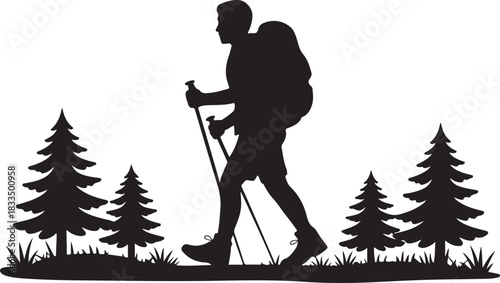 A bold black silhouette of a hiker climbing a mountain, featuring a backpacker in an adventurous pose against a rugged peak.