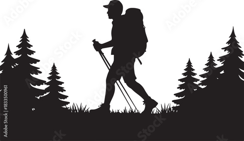A bold black silhouette of a hiker climbing a mountain, featuring a backpacker in an adventurous pose against a rugged peak.
