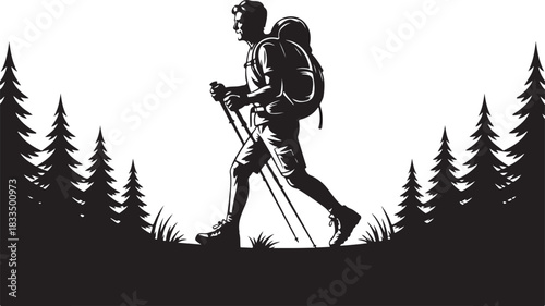 A bold black silhouette of a hiker climbing a mountain, featuring a backpacker in an adventurous pose against a rugged peak.