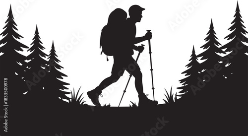 A bold black silhouette of a hiker climbing a mountain, featuring a backpacker in an adventurous pose against a rugged peak.