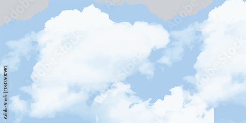 Beautiful bright blue sky with white fluffy cumulus clouds on a clear, sunny day