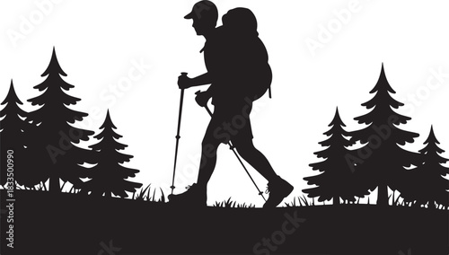 A bold black silhouette of a hiker climbing a mountain, featuring a backpacker in an adventurous pose against a rugged peak.