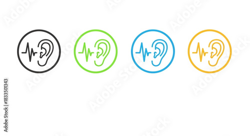 ear icons with sound waves, representing hearing and audio waves, in a clean, modern graphic style